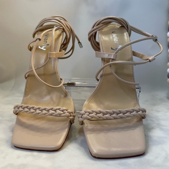 Braided Lace Up Heeled Sandals Square Open Toe Straps Stiletto Heels nude 7.5 - Picture 3 of 8